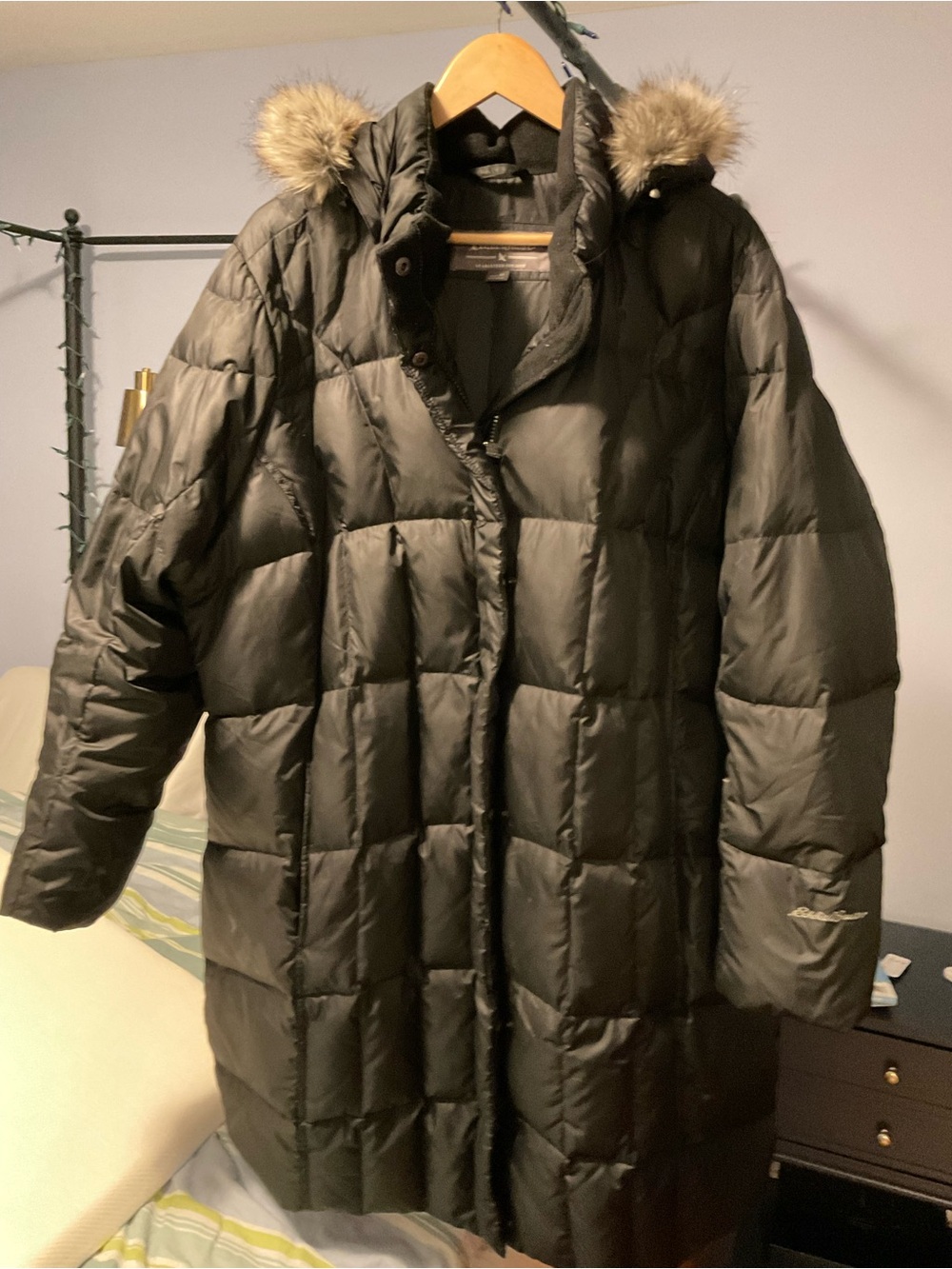 Eddie Bauer Black Long Quilted Puffer Parka Coat with Faux Fur Trim Hood 3x